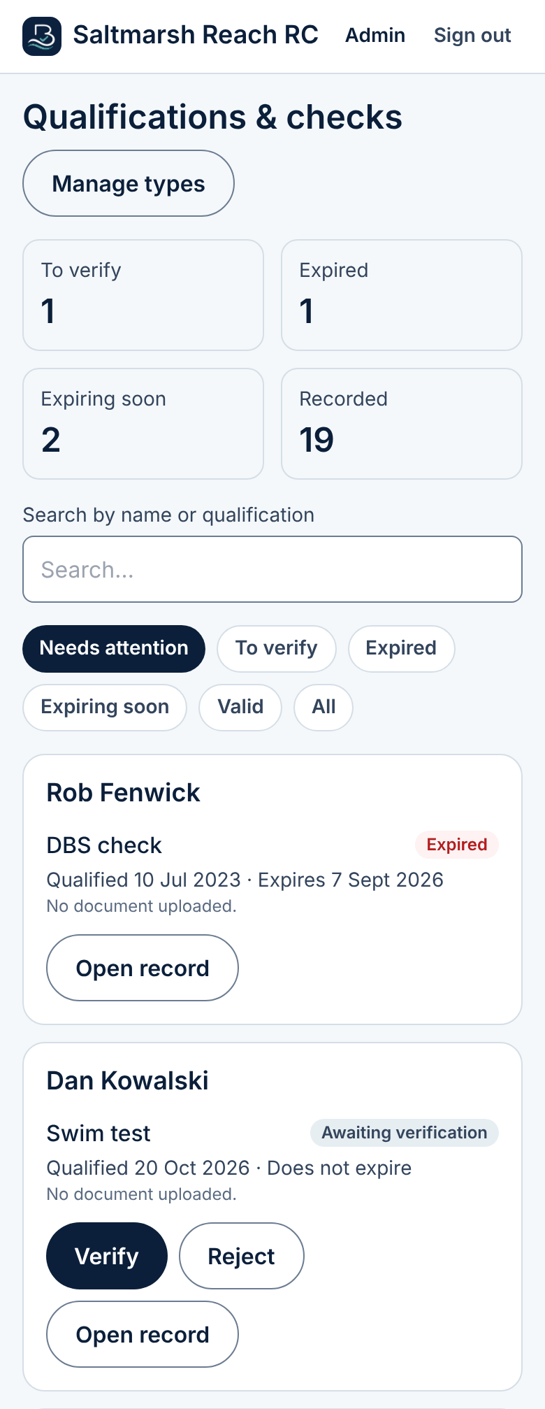 BoatLog screenshot with example club data: Powerboat Level 2 and first aid recorded against each coach, with expiry dates.