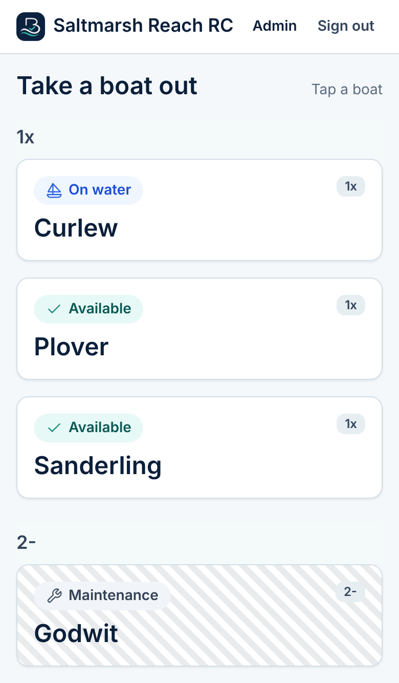 BoatLog screenshot with example club data: See which boats are out, available or out of service before you plan the trailer.