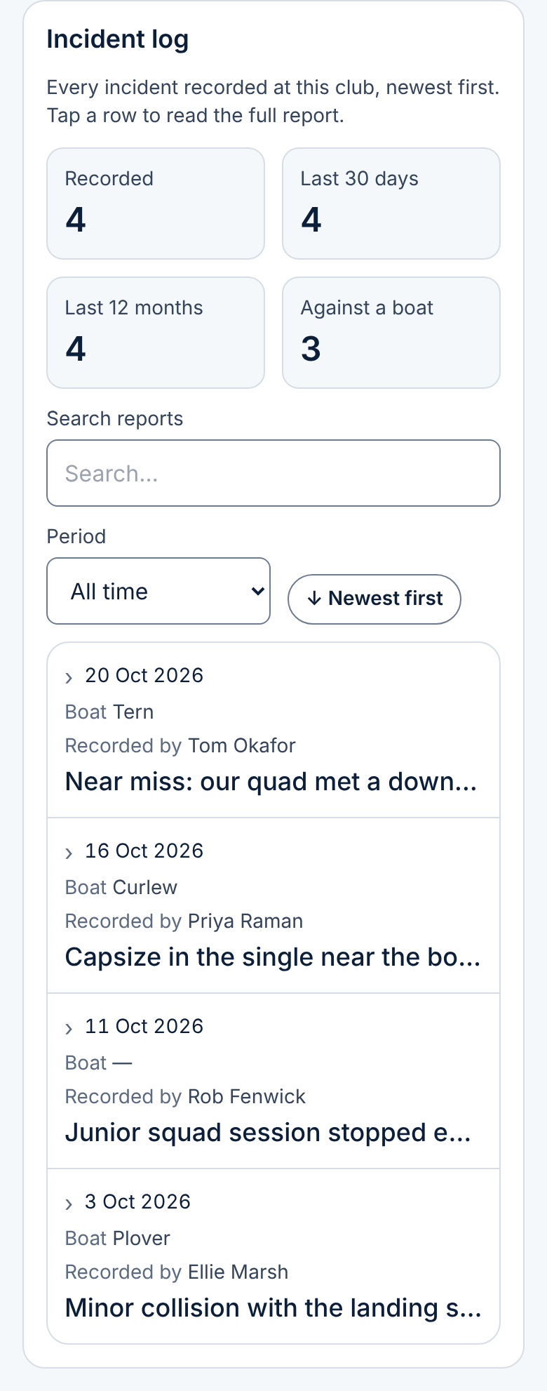 BoatLog screenshot with example club data: Incidents and near misses in one place: the evidence a RowSafe review needs.