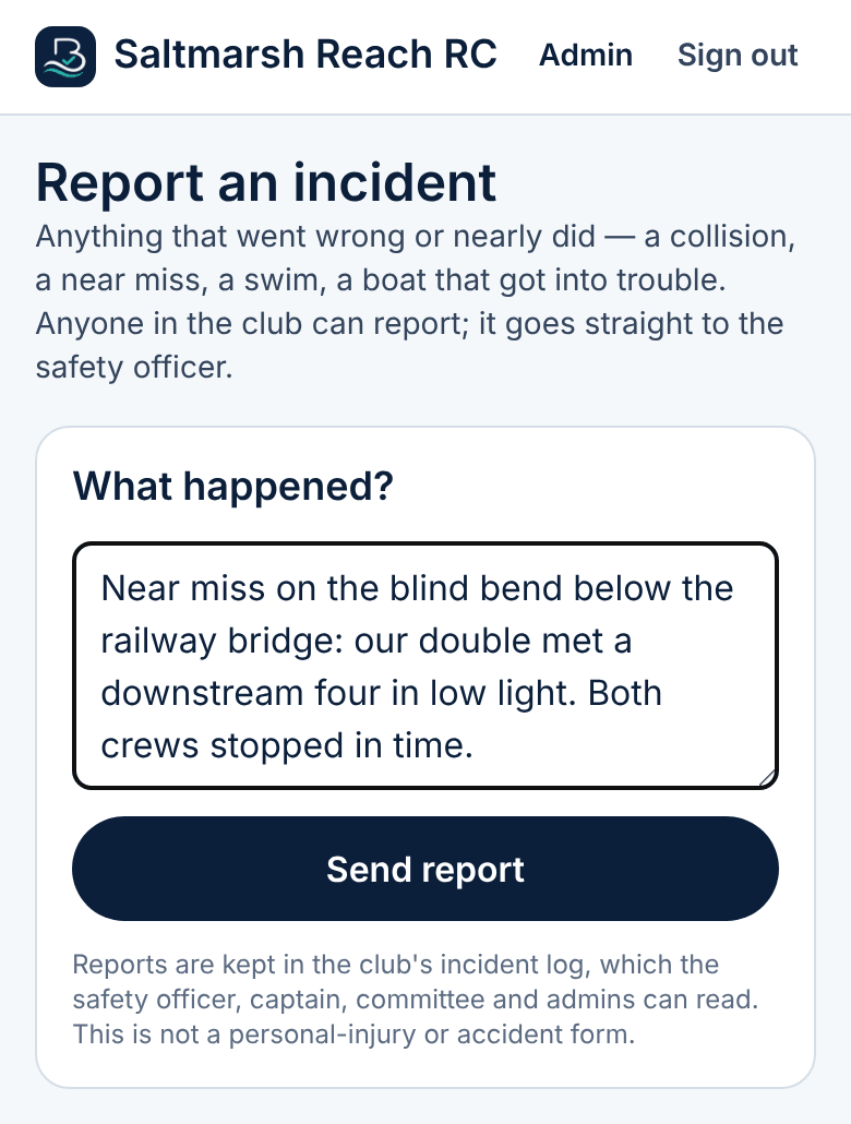 BoatLog screenshot with example club data: Any member can report an incident or near miss from their phone or the boathouse kiosk.