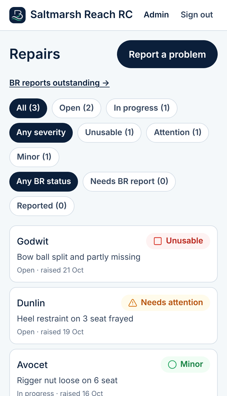 BoatLog screenshot with example club data: Repairs in BoatLog: each defect has a severity, an owner and a status until it is fixed.