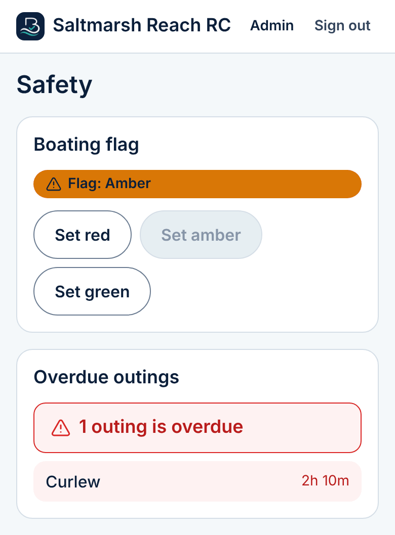 BoatLog screenshot with example club data: The club's go/no-go flag, set by the safety adviser and shown to every crew at sign-out.