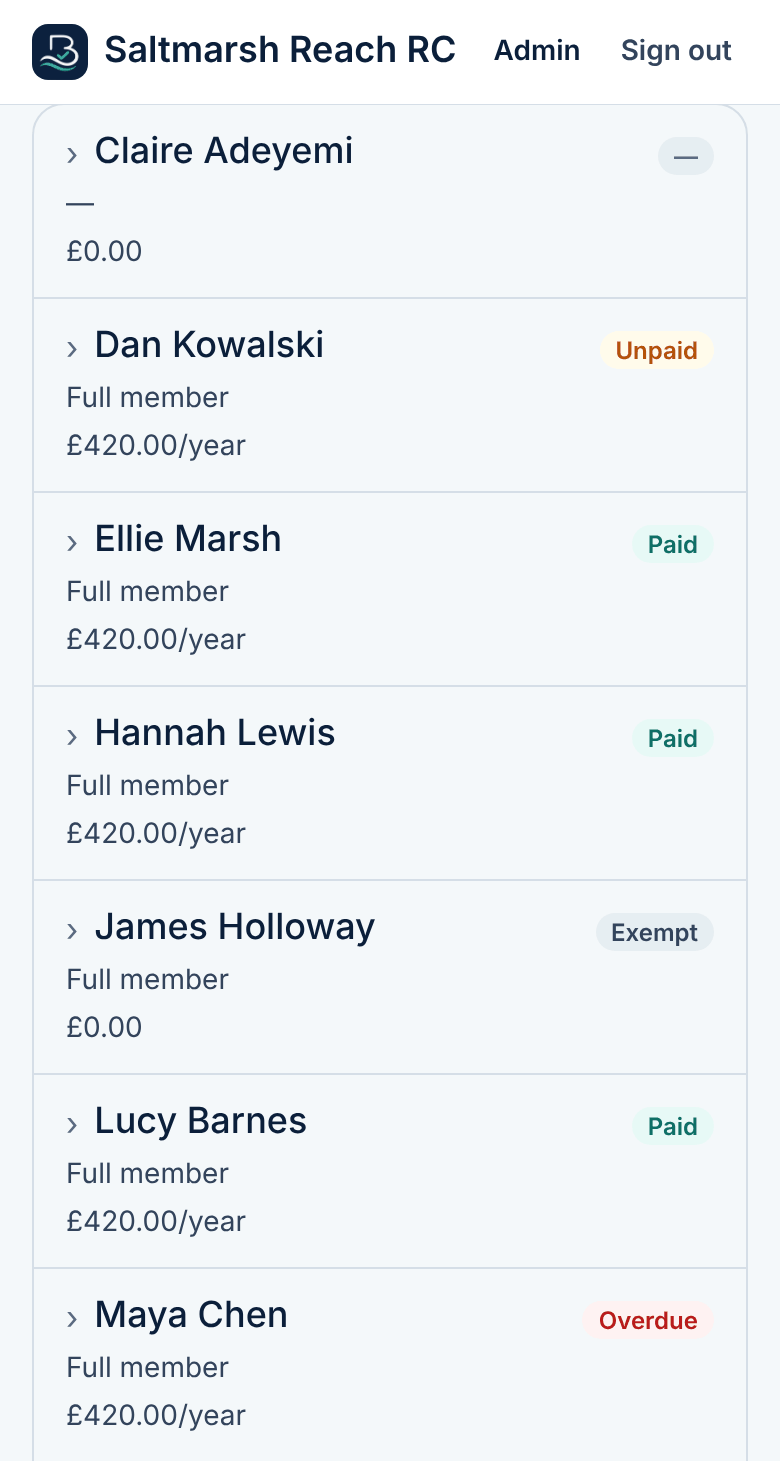 BoatLog screenshot with example club data: Club subs in BoatLog: category, amount and whether each member has paid.